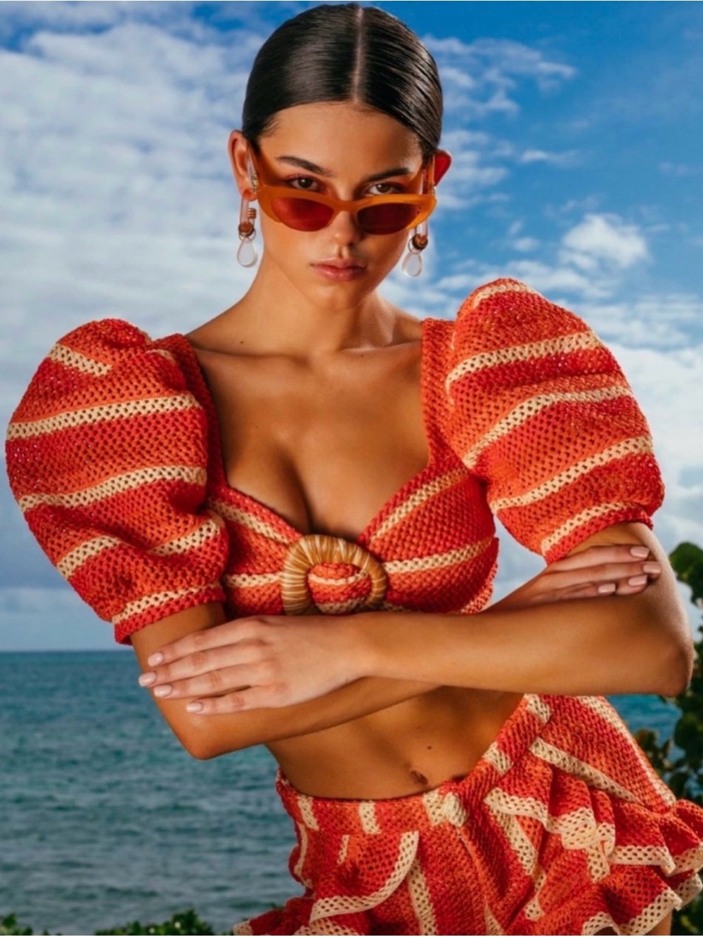 PatBO Red and Cream Crochet Crop Top with Wooden Ring Detail